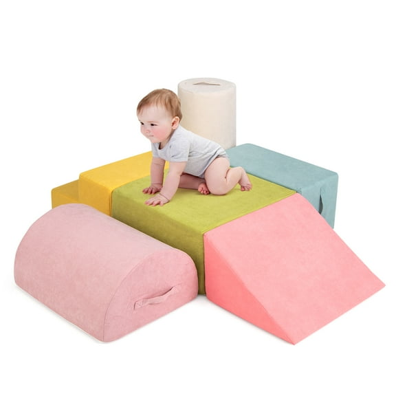 Gymax 6 Pcs Toddler Climbing Blocks w/ H&les Chenille Fabric Cover Corner Play Gym Multicolor