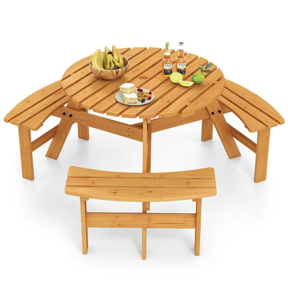 Gymax 6-Person Round Picnic Table Set w/ 3 Built-in Benches 2'' Umbrella Hole Yellow