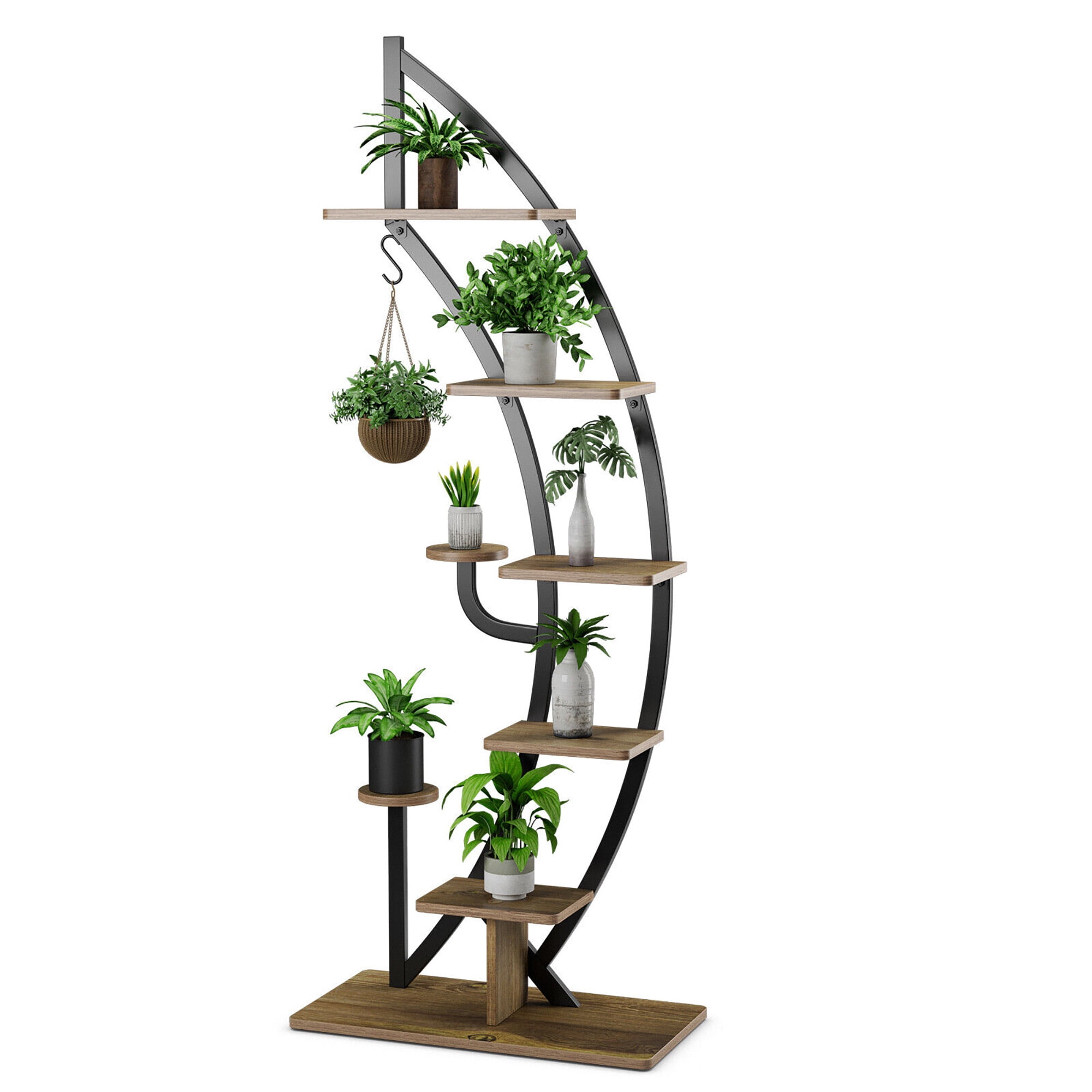 Curved Black Metal and Wood 6-Tier Plant Stand with Hook