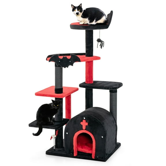 Gymax 6-Tier Gothic Cat Tree 53'' Tall Cat Tower w/ Cat Bed Arch-Shaped Condo Pompom