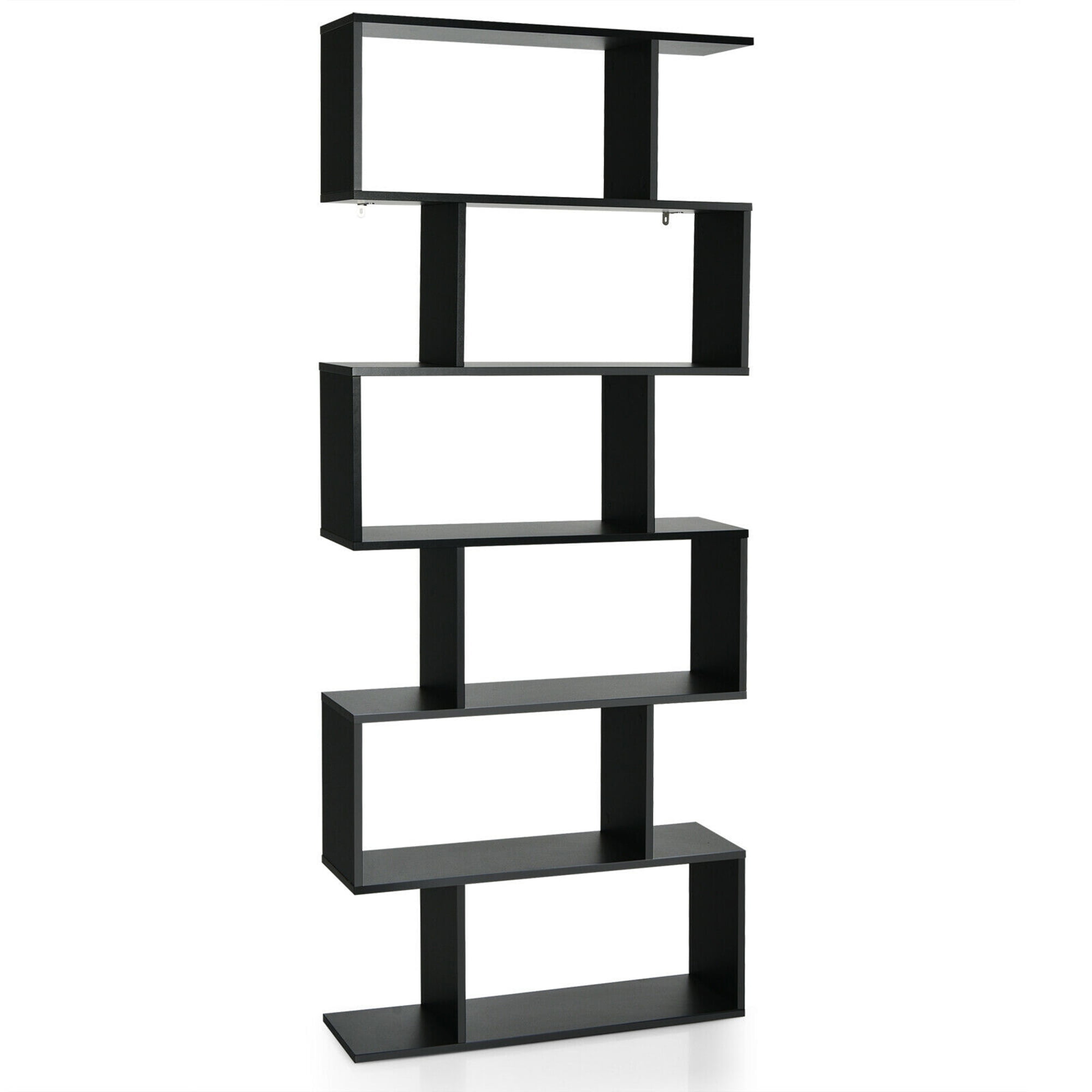 Black Tall S-Shaped Wooden 6-Tier Bookshelf