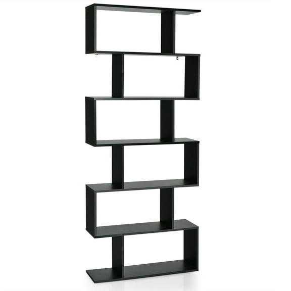 Gymax 6 Tier S-Shaped Bookshelf Storage Display Bookcase Decor Z-Shelf Black