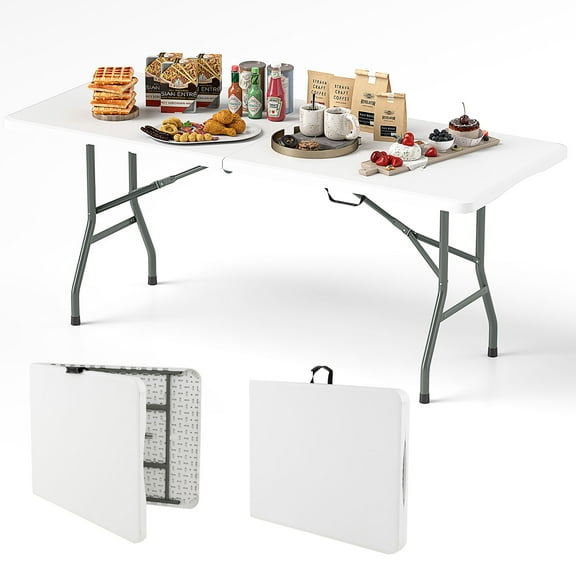 Gymax 6 ft Portable Folding Table w/HDPE Tabletop Safe Lock Mechanism Carrying Handle White