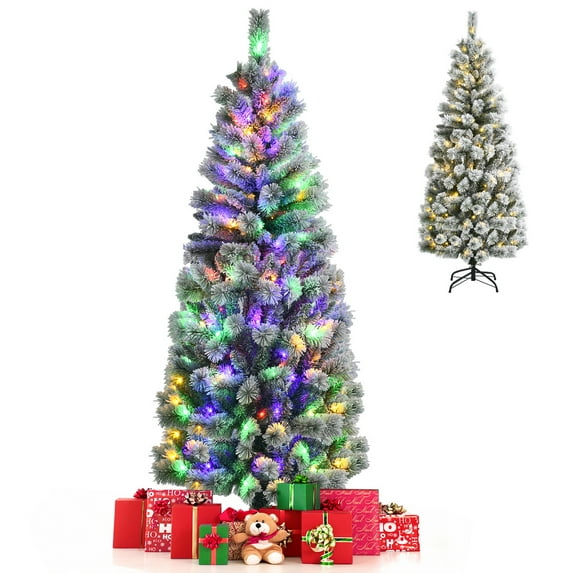Gymax 6 ft Pre-lit Snow Flocked Artificial Christmas Tree w/ Multi-Color LED Lights