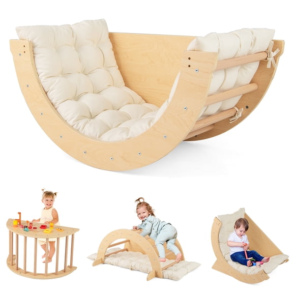 Gymax 6 in 1 Climbing Arch Wooden Rocker Arch Climbing Toy w/ Removable Cushion Beige