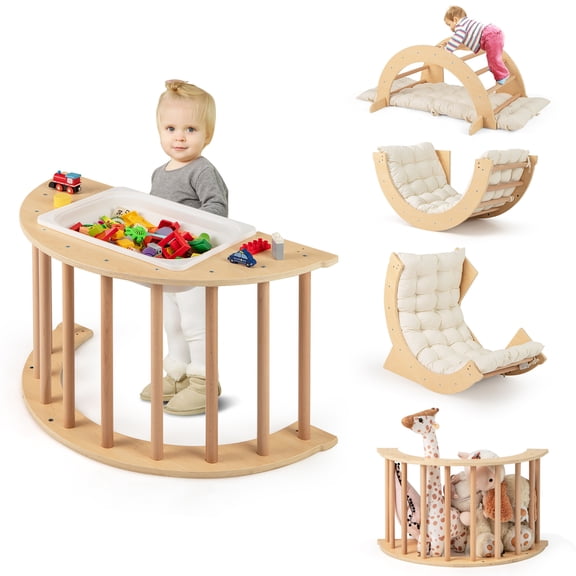 Gymax 6 in 1 Climbing Arch for Toddlers w/ Collapsible Storage Bin Removable Cushion Natural
