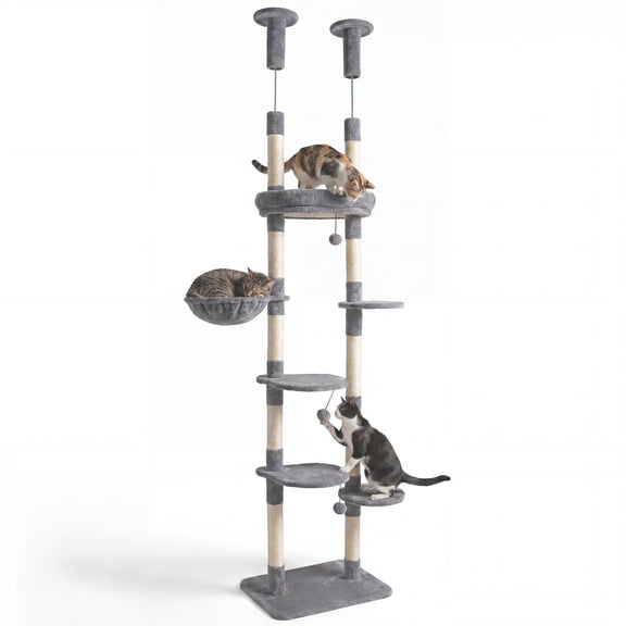Gymax 6-tier Floor to Ceiling Cat Tree w/Plush Bed Hammock Sisal Scratching Posts Gray