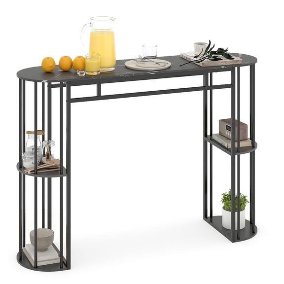 Gymax 60'' Long Bar Table Narrow Pub Table w/Faux Marble Tabletop & Storage Shelves Grey