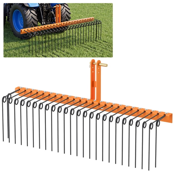 Gymax 60''Pine Straw Rake Tow Behind Landscape Rake w/ 26 Metal Coil Tines for Grass Black & Orange
