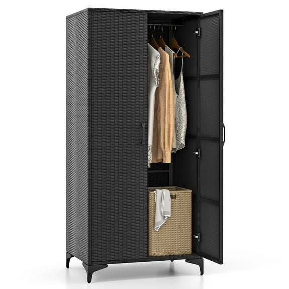 Gymax 62'' Wicker Wardrobe w/ 2 Doors Hanging Rod & 4 Storage Cubes for Home Patio Black