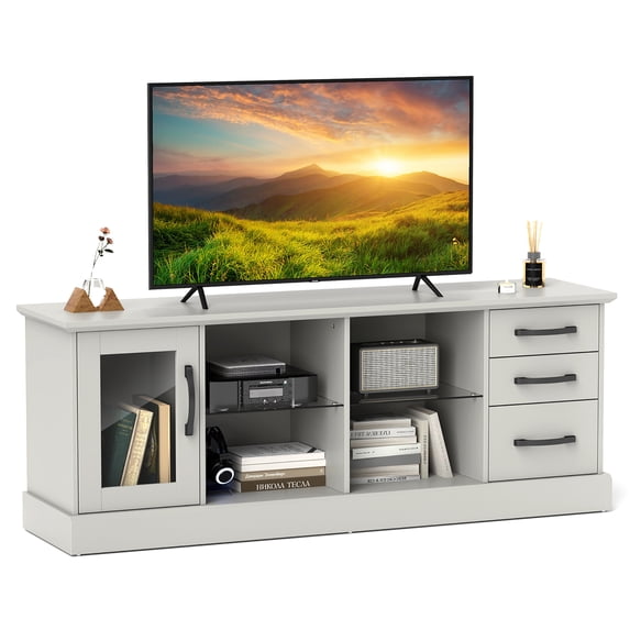 Gymax 63'' Media Console Table w/ 3 Drawers 2 Glass Shelves Cable Holes for Living Room Gray