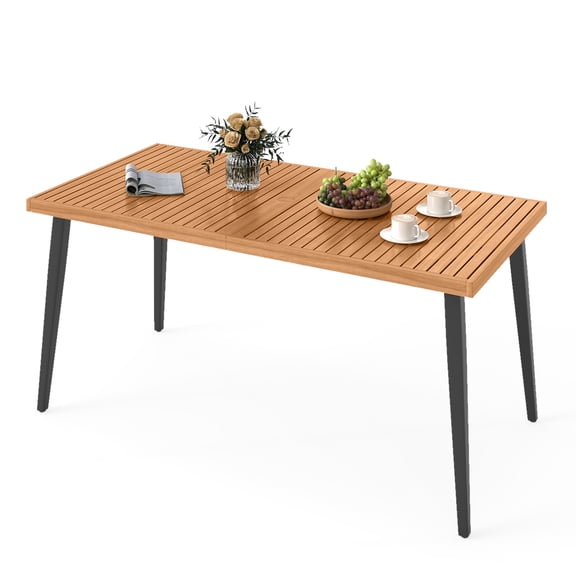 Gymax 63'' Outdoor Indoor Dining Table w/Acacia Wood Slatted Tabletop Umbrella Hole