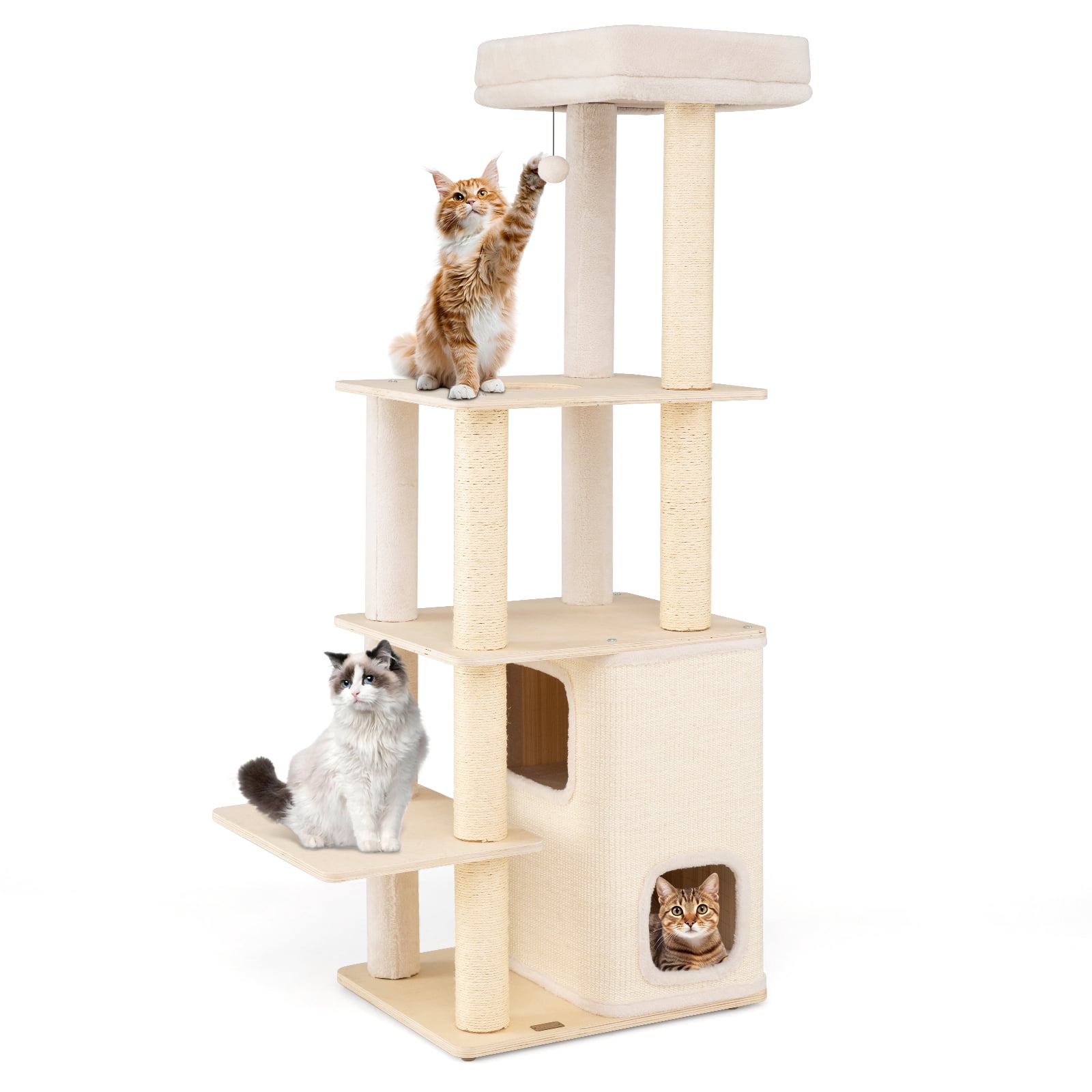 Gymax 63'' Tall Wooden Cat Tree w/2-Story Condo Plush Padded Top Perch Dangling Ball