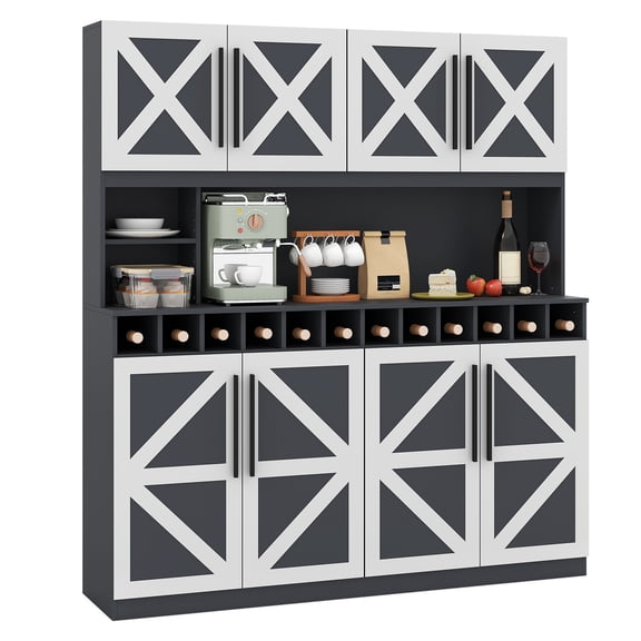 Gymax 63'' Wide Kitchen Buffet Hutch w/4 Cabinets 2 Open Shelves & 12-Bottle Wine Rack Dark Gray