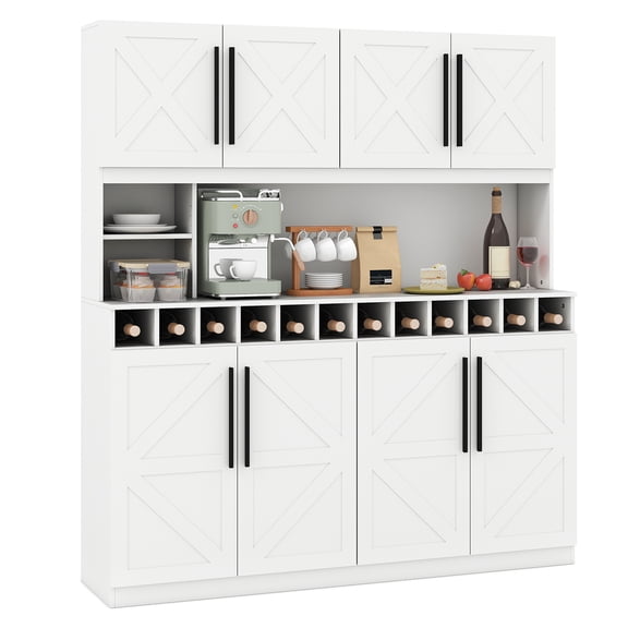 Gymax 63'' Wide Kitchen Buffet Hutch w/4 Cabinets 2 Open Shelves & 12-Bottle Wine Rack White