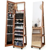 Gymax 64'' Jewelry Organizer Lockable Jewelry Cabinet Armoire w/ Mirror & LED Lights Brown