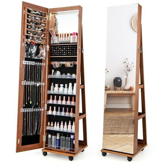 Gymax 64'' Jewelry Organizer Lockable Jewelry Cabinet Armoire w/ Mirror & LED Lights Brown