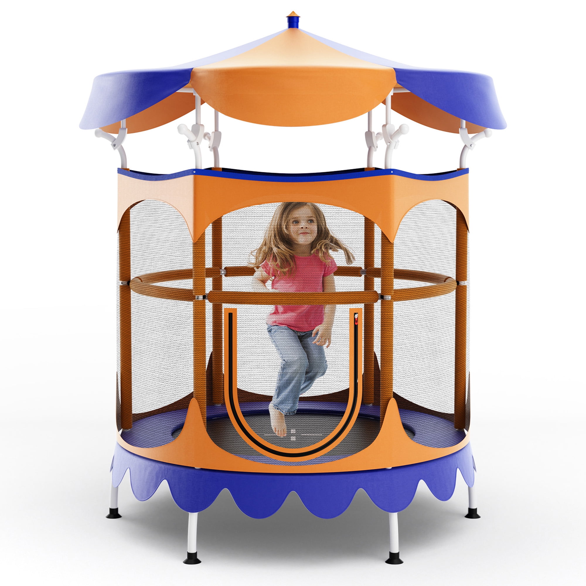 Gymax 64'' Kids Trampoline w/ Detachable Canopy Safety Enclosure Net Foam Handle Orange