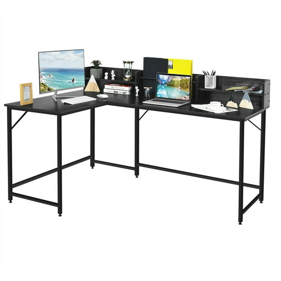 Gymax 65.5'' L-shaped Computer Desk Home Office Corner Table w/Bookshelf Black