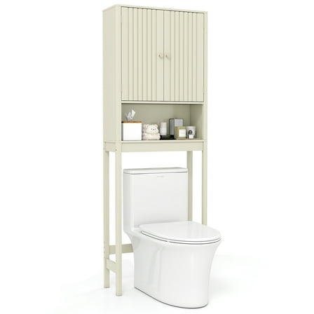 Gymax 66'' Over the Toilet Storage Cabinet w/Fluted Doors Adjustable Shelf & Bottom Bar Beige