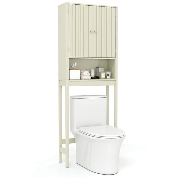 Gymax 66'' Over the Toilet Storage Cabinet w/Fluted Doors Adjustable Shelf & Bottom Bar Beige