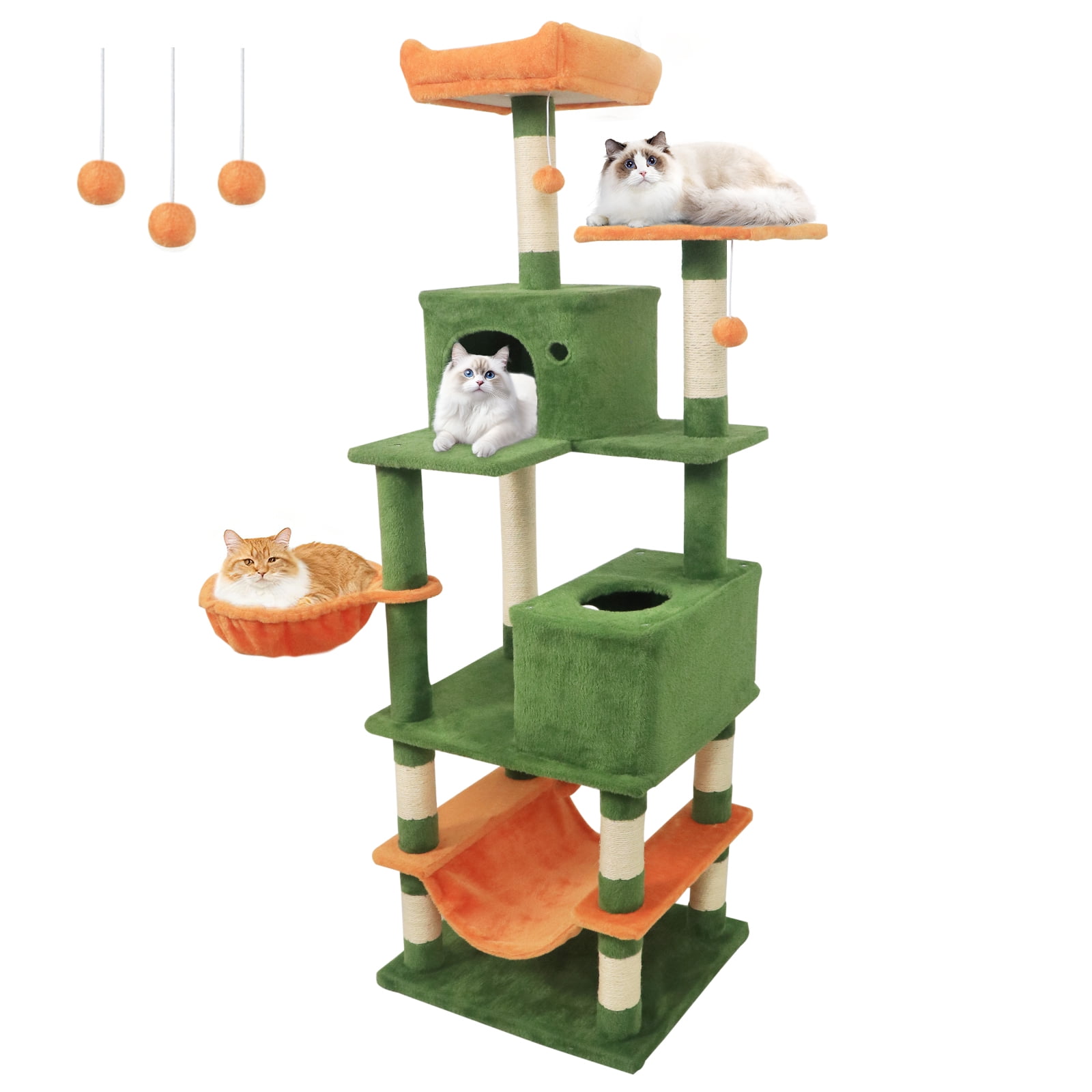 Gymax 66'' Tall Cat Tree w/2 Condos Sisal Scratching Posts Plush Perch Hammock Basket
