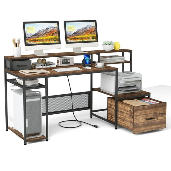 Gymax 67'' Computer Desk w/ Monitor Stand & File Drawer Power Outlets & USB Ports