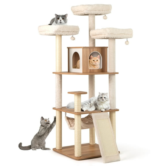 Gymax 68'' Large Cat Tower w/ 3 Padded Perches Condo Sisal Scratching Posts & Ramp