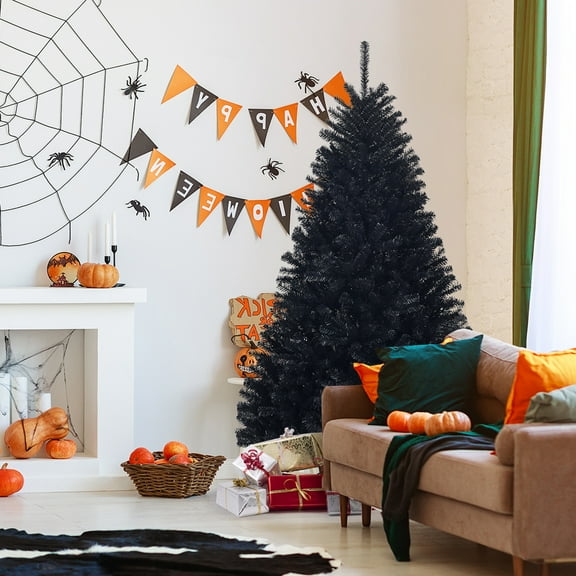 Gymax 6FT Artificial Halloween Christmas Tree Hinged Pine Tree Holiday Decoration Black