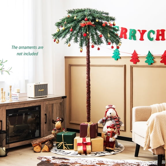 Gymax 6FT Artificial Palm Christmas Tree Pre-Lit Decor Tree w/ PVC Branch Tips & LED Lights