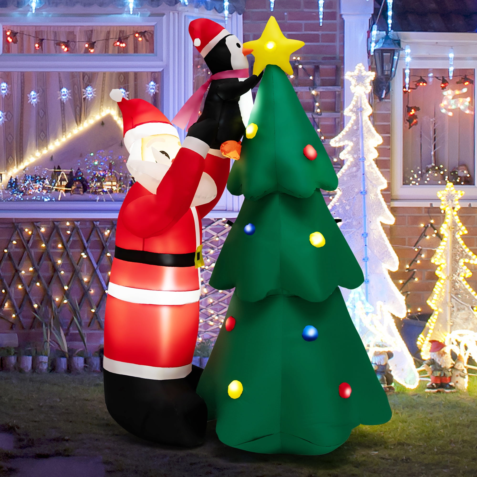 Gymax 6FT Christmas Inflatable Tree Santa Claus & Penguin Decor w/ Air ...
