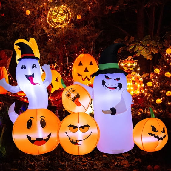 Gymax 6FT Halloween Inflatable Pumpkin & Ghost Combo Decor w/ LED & Air Blower