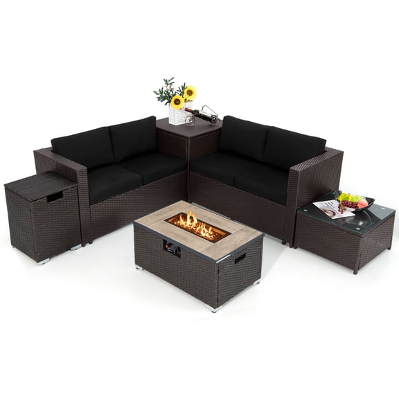 Gymax 6PCS Outdoor Wicker Furniture Set w/32'' Propane Fire Pit Table & Tank Holder