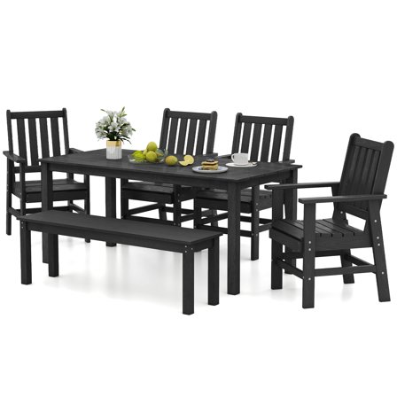 Gymax 6PCS Patio Dining Bench Set Outdoor HDPE Weather Resistant Table & Chairs Set Black
