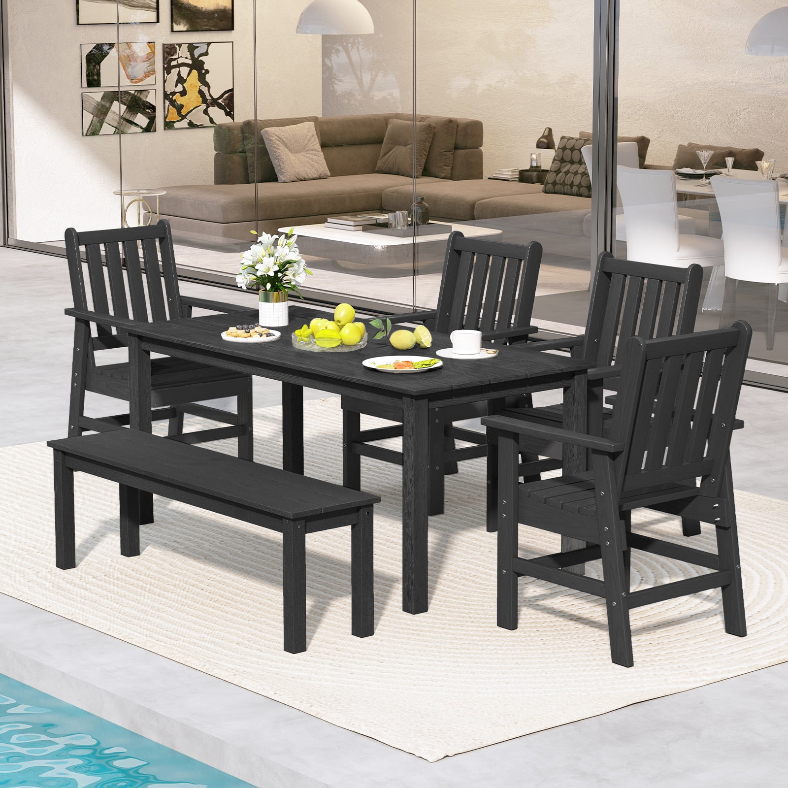 Gymax 6PCS Patio Dining Bench Set Outdoor HDPE Weather Resistant Table ...
