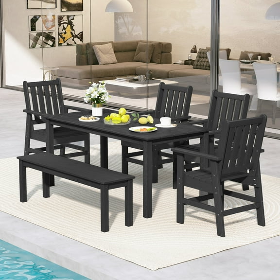 Gymax 6PCS Patio Dining Bench Set Outdoor HDPE Weather Resistant Table & Chairs Set Black