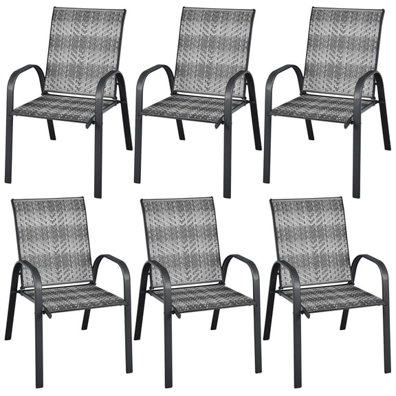 Gymax 6PCS Patio PE Wicker Arm Chairs Outdoor Dining Stacking Chairs Mix Grey