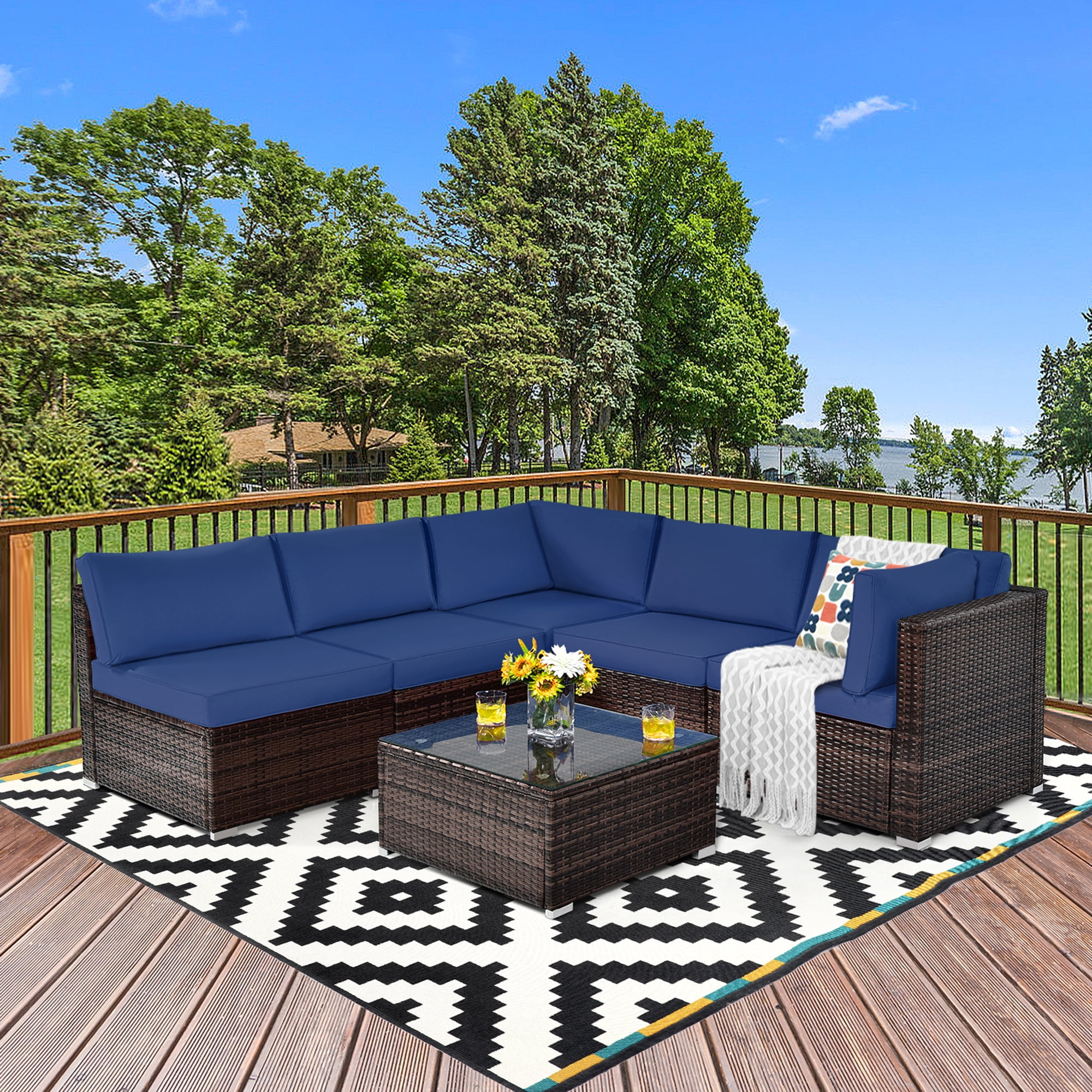 Gymax 6PCS Rattan Outdoor Sectional Sofa Set Patio Furniture Set w Navy Cushions