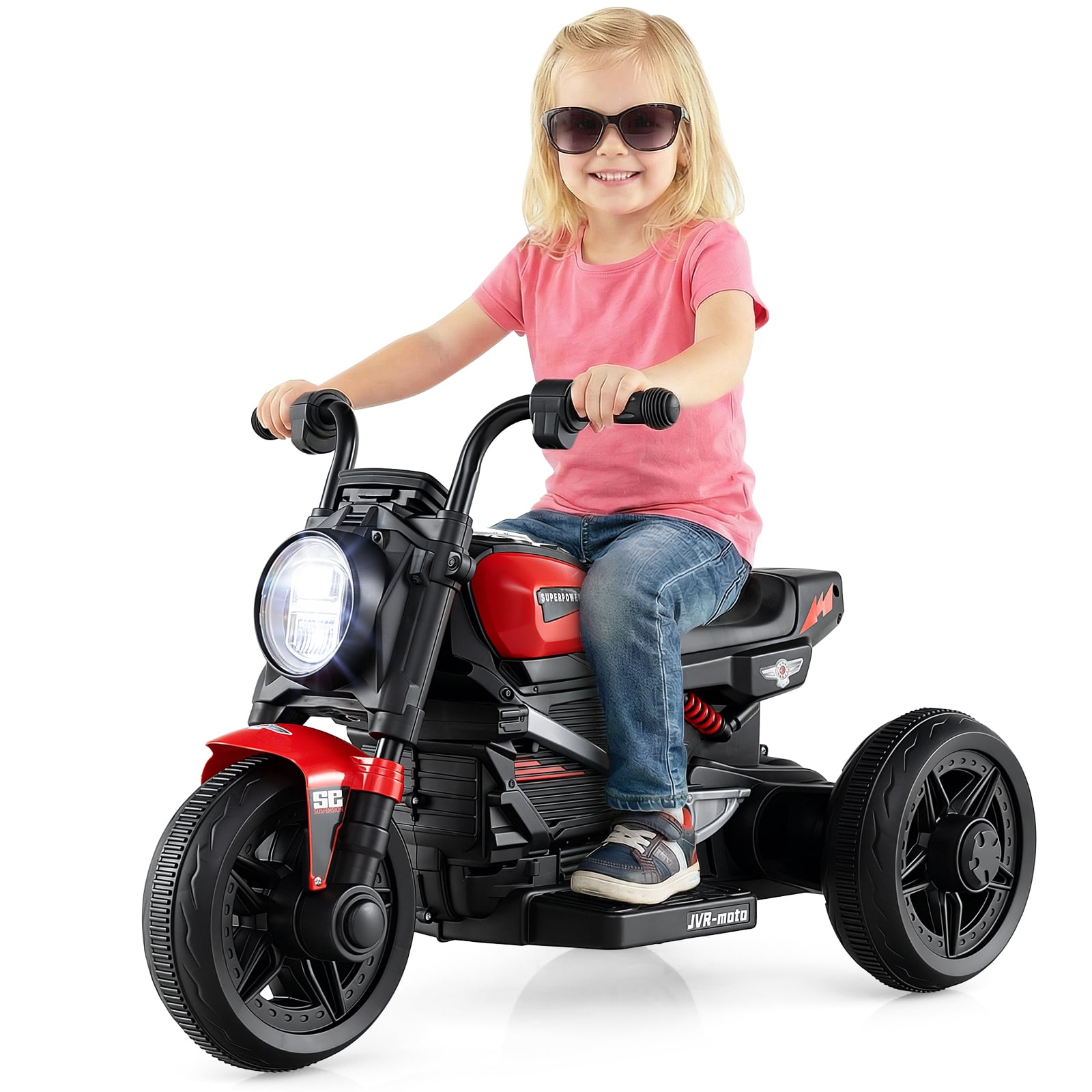 Gymax 6V Kids Motorcycle w/Song Story LED Headlights Accelerator Pedal & 3 Wheels Red