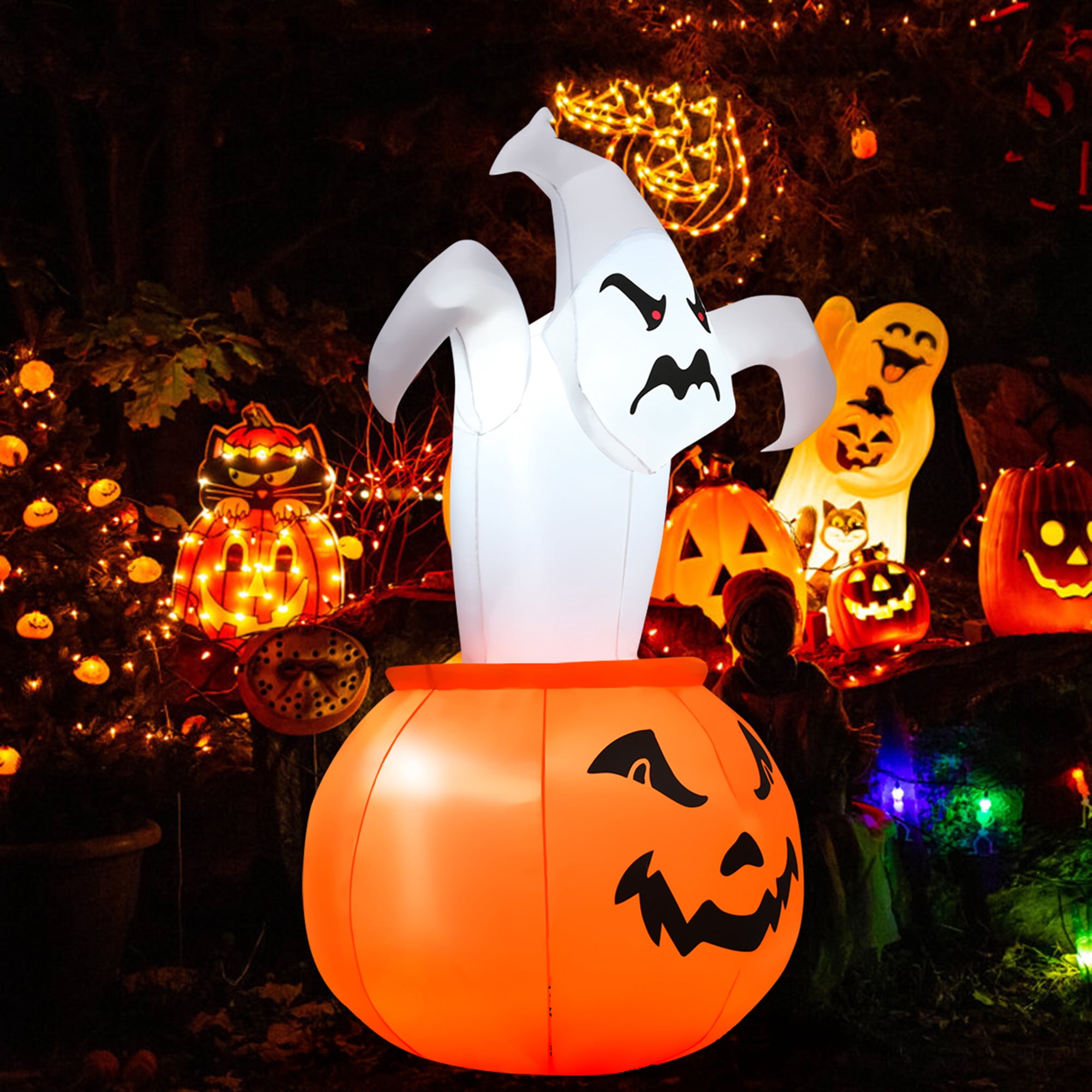 Gymax 6ft LED Lighted Inflatable Ghost in Pumpkin for Outdoor Yard ...