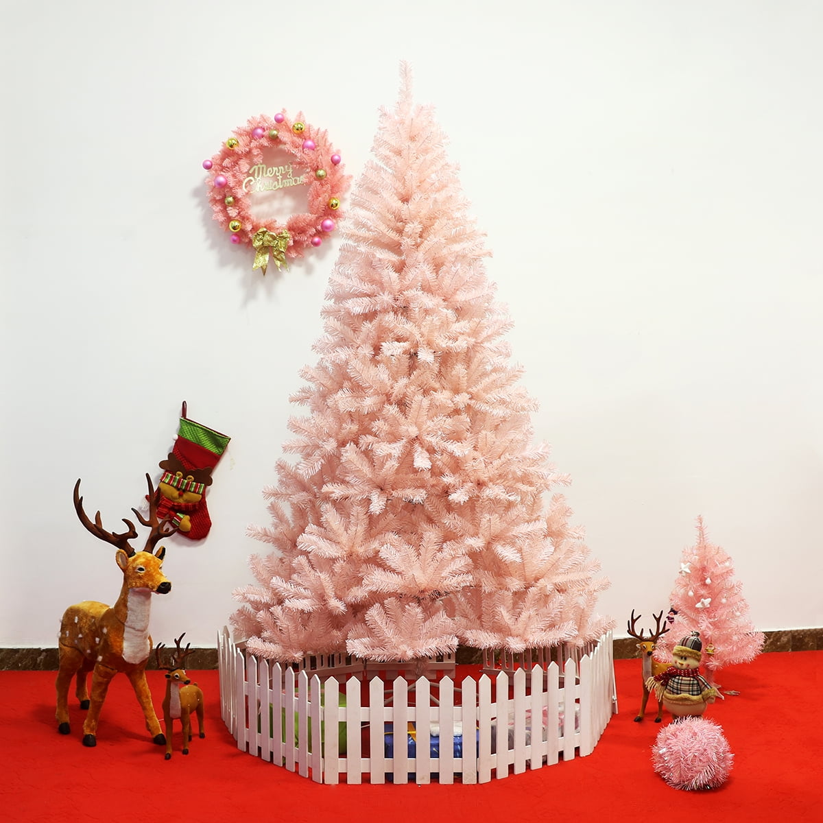 Gymax 6ft Pink Classic Pine Christmas Tree Artificial Hinged Tips (Pink)
