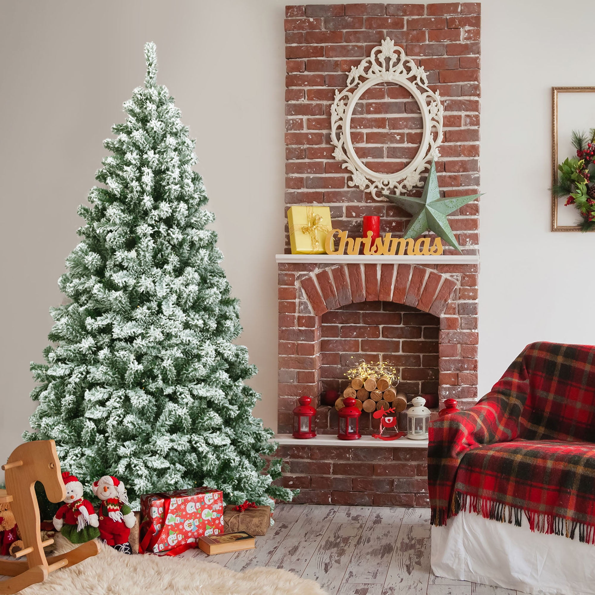 6FT Snow Flocked Pine Artificial Christmas Tree with Metal Stand