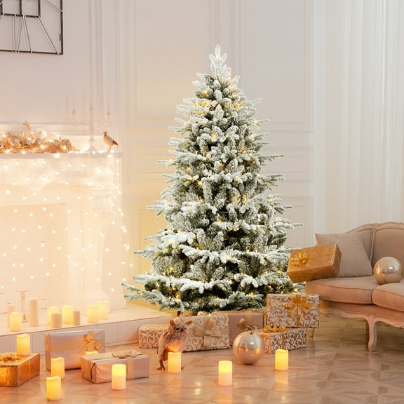 Gymax 6ft Snow Flocked Decoration Christmas Tree w/LED Lights & PE & PVC Tips
