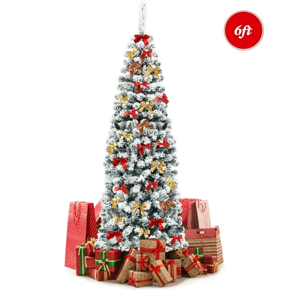 Gymax 6ft Snow Flocked Pencil Christmas Tree Artificial Pine Tree w/ Metal Stand