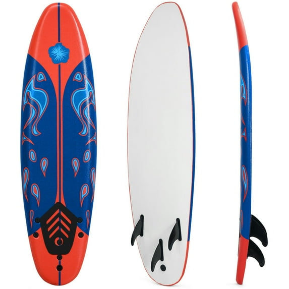Gymax 6ft Surfing Body Board w/ 3 Removable Fins Safety Leash Red