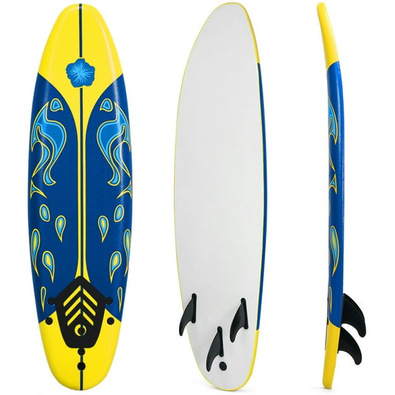 Gymax 6ft Surfing Body Board w/ 3 Removable Fins Safety Leash Yellow