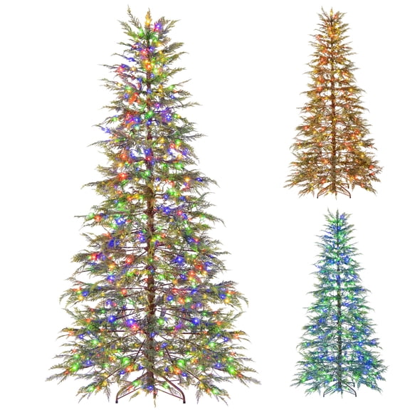 Gymax 7.5 FT Pre-Lit Artificial Christmas Tree Hinged Spare Xmas Fir Tree w/ 725 Soft Branch Tip