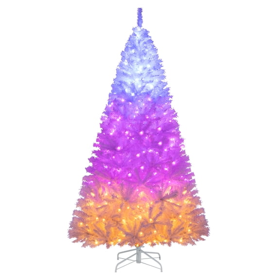 Gymax 7.5 FT Pre-Lit Artificial Christmas Tree Hinged White Xmas Tree w/ 1346 PVC Branch Tips