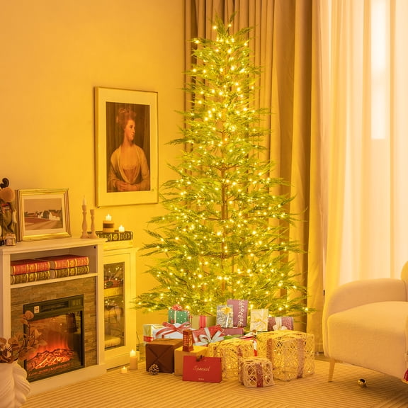 Gymax 7.5 FT Pre-Lit Artificial Christmas Tree Simulated Cypress Xmas Tree w/ Hinges
