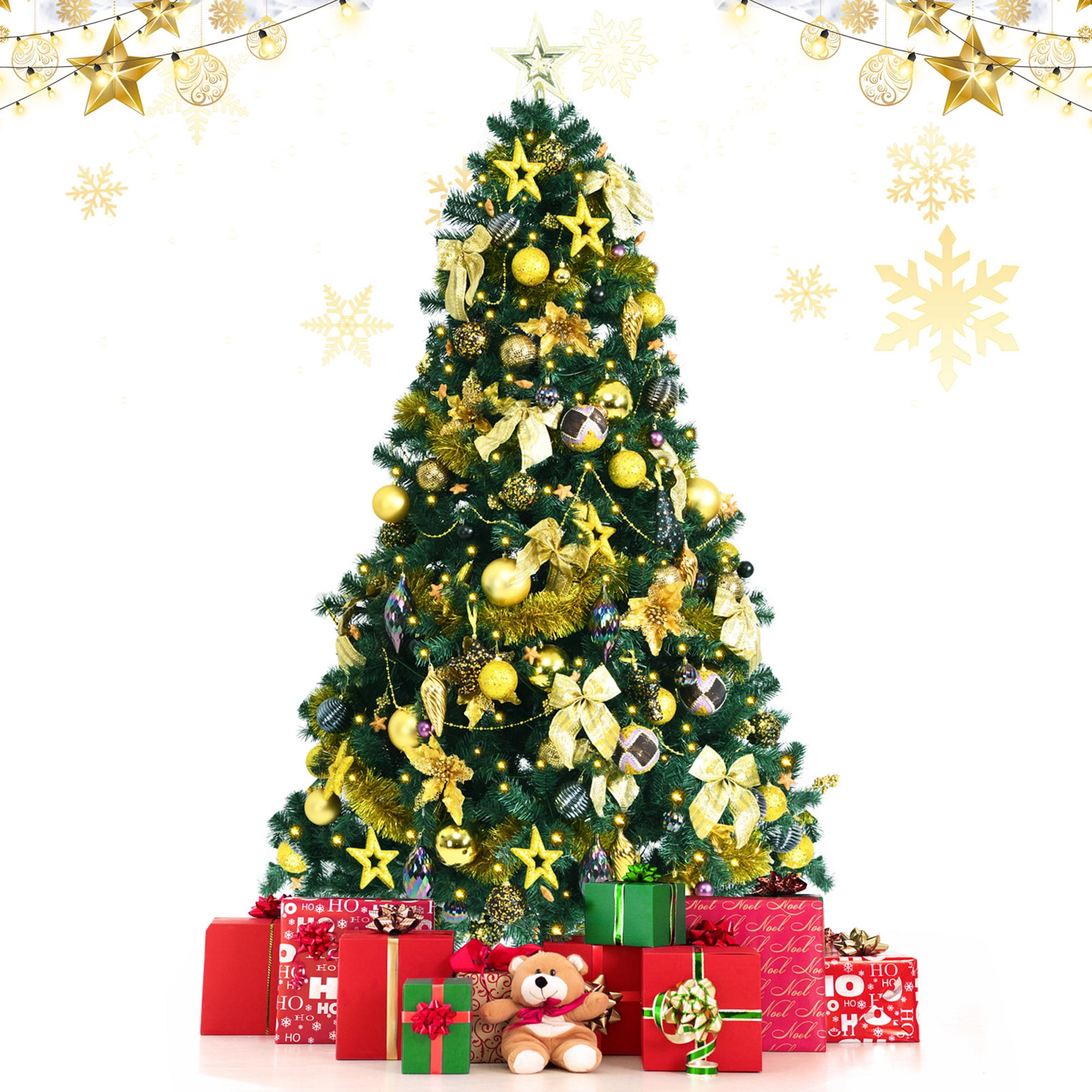 Gymax 7.5 ft Pre-Lit Christmas Tree Artificial Xmas Tree w/ 140pcs Ornaments